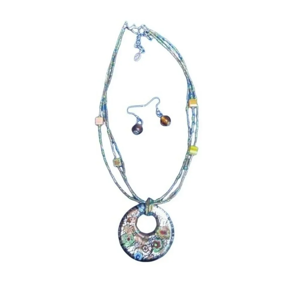 Vtg Handmade Beaded Millefiori Necklace Large Floral Glass Pendant Earrings Set - Picture 3 of 3